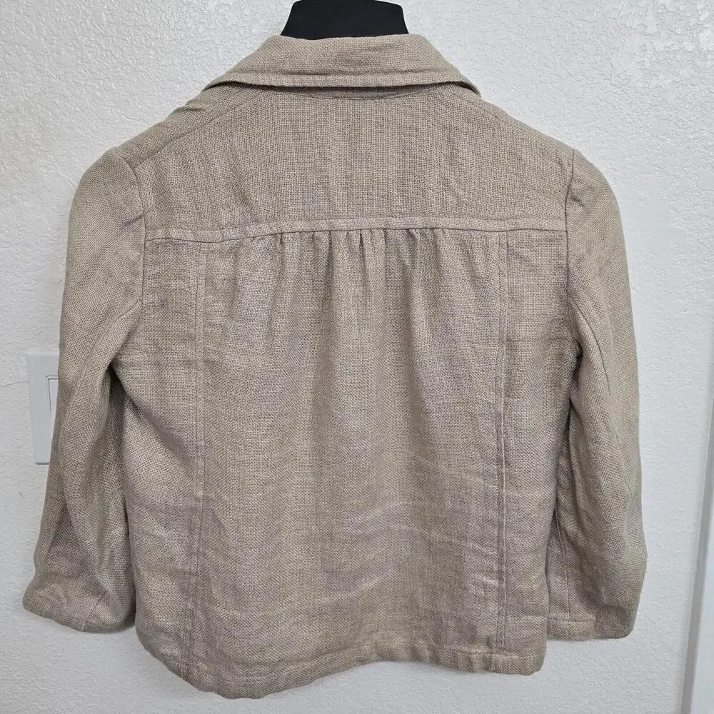 Michael Kors Tan Gold Button Blazer Cropped Length Jacket 100% Linen Sz S Office
